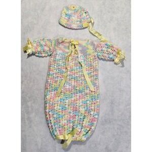 Vtg Crocheted Baby Girl Gown 3-0 MO Set Hat Handmade Yellow Pink‎ Top NEW Dress
